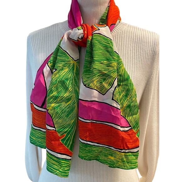 Vintage Liz Claiborne Scarf Wrap 80s Colorful Tropical Palms Green Pink Signed - Picture 2 of 5